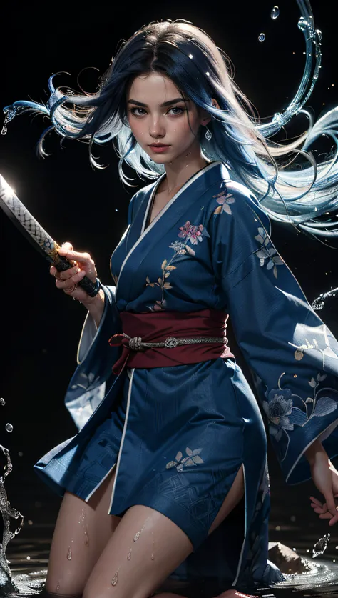(best quality, masterpiece, colorful, dynamic angle, highest detailed)full body photo, ull body photo epic realistic, (close up), 1girl, floating blue_hair, long hair, (water:0.7), waterdrop, wet, holding_katana, blue_kimono with intricate pattern, ultra detailed, (textured_clothing), black_background,  (intricate details, hyperdetailed:1.15), detailed, light passing through hair, (official art, extreme detailed, highest detailed),