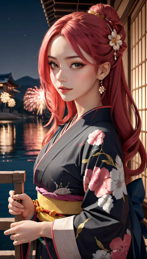 (best quality, masterpiece, colorful, dynamic angle, highest detailed)upper body photo, fashion photography of a cute marocco  girl with iridiscent pink hair, flirting with POV, in traditional japanese gold&black kimono, ultra detailed kimono textures, high contrast, night, kyoto, fireworks,  (intricate details, hyperdetailed:1.15), detailed, moonlight passing through hair, (official art, extreme detailed, highest detailed),