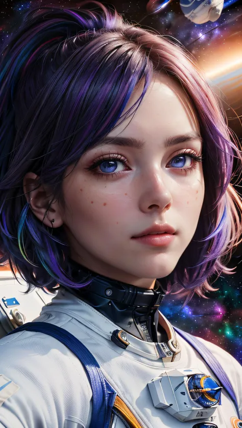 (best quality, masterpiece, perfect face, beautiful and aesthetic:1.2, colorful, dynamic angle, highest detailed face) fashion photography of cute astronaut girl with long iridiscent purple hair, in space (intricate details, hyperdetailed:1.15), detailed, sunlight passing through hair, (beautiful galaxy background), (high contrast, official space art, extreme detailed, highest detailed), HDR+
