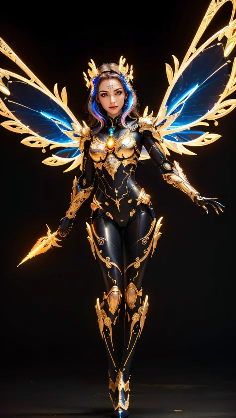 masterpiece, 8k, perfect ligthing, , adult, male, full body shot, looking at viewer, Arm behind back, cinematic lighting, male fairy with blue and gold details --auto --s2