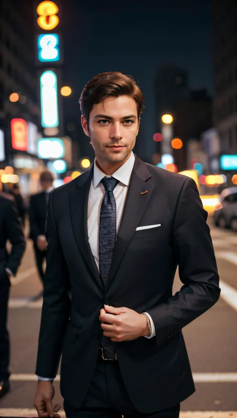(best quality, masterpiece, hyper realistic) 1 elegant business man, photography, man in New York city, ultra high details, dim light, dawn, bokeh background, perfect night
