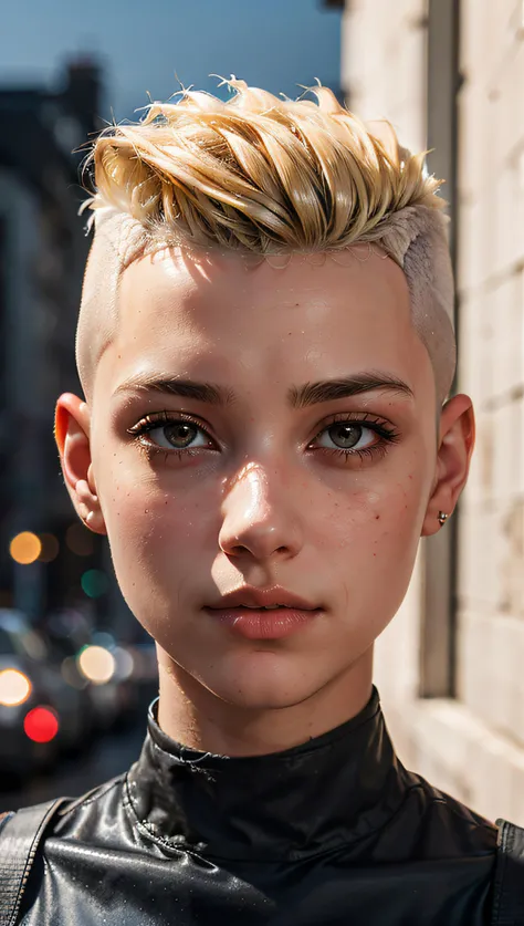 a 20 yo woman, blonde, (hi-top fade:1.3), dark theme, soothing tones, muted colors, high contrast, (natural skin texture, hyperrealism, soft light, sharp, perfect face)