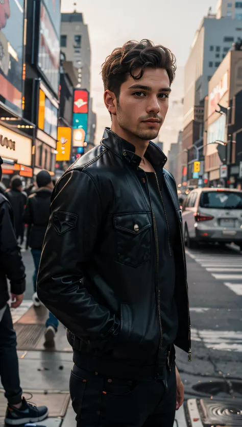 (best quality, masterpiece) 1man, photography, man wear blackjacket leather in New York city, paintings, details, dim light, dawn, bokeh background,