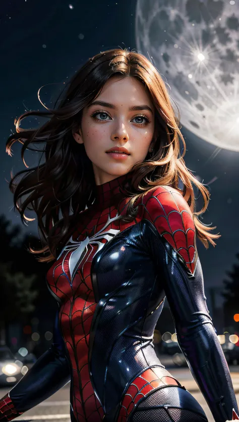 (best quality, masterpiece, colorful, dynamic angle, highest detailed) upper body photo, fashion photography of cute, intense long red hair, \Mary Jane\ in spiderman suit, (ultrahigh resolution textures), in dynamic pose, bokeh, glowing web, (intricate details, hyperdetailed:1.15), detailed, moonlight passing through hair, perfect night, fantasy background, (official art, extreme detailed, highest detailed), HDR+