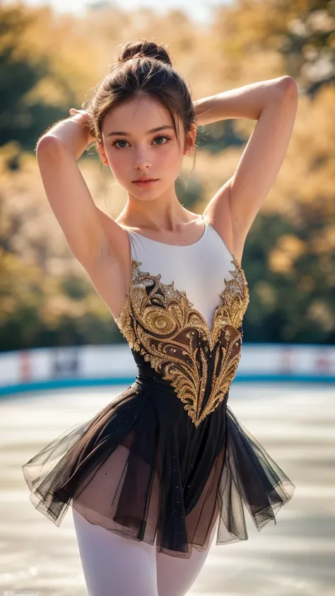 raw photo, fashion photography of cute (1 cute ballerina girl), skinny, black bobbed hair, small perfect tits, high decorated classical ballerina dress, high textures, ornaments, softlight passing through hair, (Central Park, New York ice skating rink background:1.3), (random background), depth of field