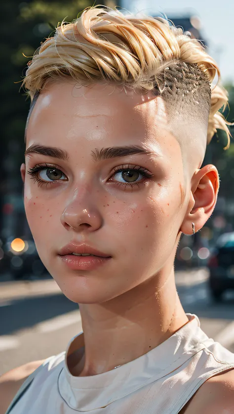 a 20 yo woman, blonde, (hi-top fade:1.3), dark theme, soothing tones, muted colors, high contrast, (natural skin texture, hyperrealism, soft light, sharp, perfect face)