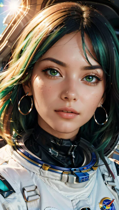 (best quality, masterpiece, perfect face, beautiful and aesthetic:1.2, colorful, dynamic angle, highest detailed face) full body photo, fashion photography of cute astronaut girl with long iridiscent green hair, in space with galaxy behind, 35mm, bokeh, 9:16, (intricate details, hyperdetailed:1.15), detailed, sunlight passing through hair (high contrast, official art, extreme detailed, highest detailed),