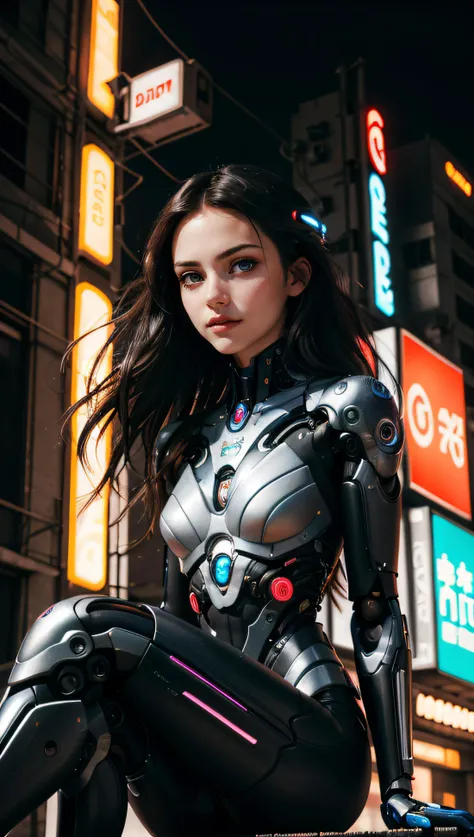 (best quality, masterpiece, colorful, dynamic angle, highest detailed)upper body photo, full body photo, fashion photography of cute 1girl, mechanical arms, cyborg, dark mood, dystopia, glowing, looking at viewer, sitting, long hair, bokeh (intricate details, hyperdetailed:1.15), detailed, moonlight passing through hair, (official cyberpunk art, extreme detailed, highest detailed), HDR+