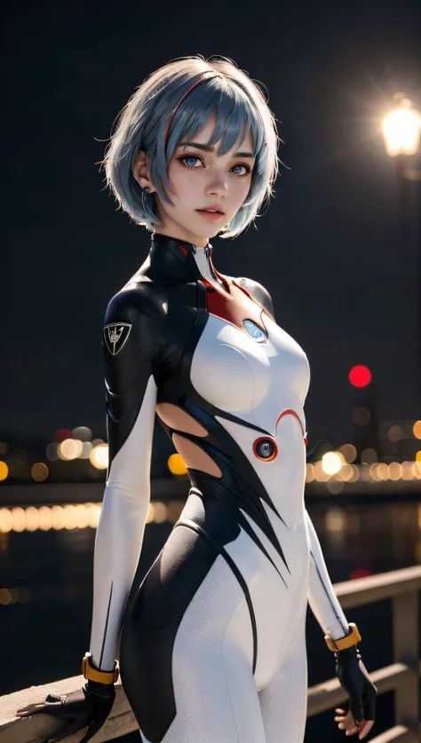 Rei Ayanami sexy, neon genesis evangelion, semidesnuda, traje con logo de NERV iconico blanco sexy,very sexy small clothes, joven, cuerpo muy delgado, super skynny body, small and beautiful buttocks, abdomen tonificado, puedo ver sus senos hermosos y perfectos,, poernas hermosas, manos perfectas,guantes, Torre Tokyo en el fondo, malevolent, obscena, poderosa, super sensual, angels fighting,Dramatic background, In the background you can see the city of Japan with sparkles that illuminate its beauty, apocalyptic atmosphere, mirada sensual, ojos hermosos, cabello corto, tiene pinzas en el cabello, classic hairstyle,Hair dyed in bright blue color, Best quality,8K,A high resolution,Masterpiece,Ultra detailed,Realistic, Photorealistic,photo realistic