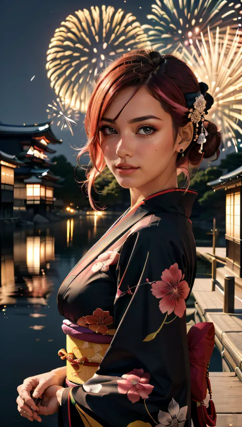 (best quality, masterpiece, colorful, dynamic angle, highest detailed)upper body photo, fashion photography of a cute marocco girl with iridiscent pink hair, flirting with POV, in traditional japanese gold&black kimono, ultra detailed kimono textures, high contrast, night, kyoto, fireworks, (intricate details, hyperdetailed:1.15), detailed, moonlight passing through hair, (official art, extreme detailed, highest detailed),