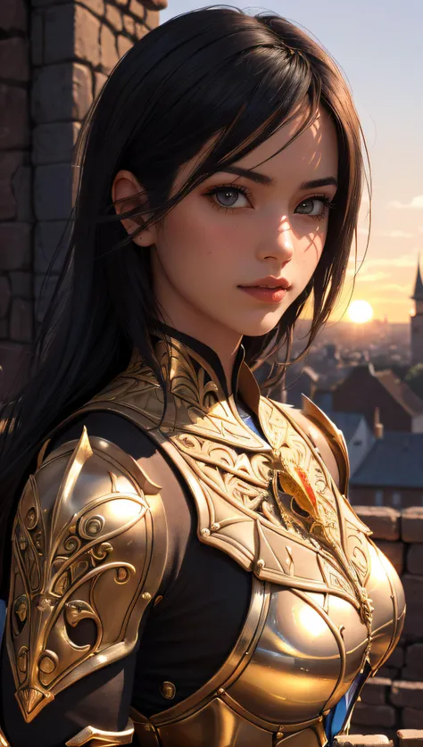 Portrait of a girl, the most beautiful in the world, (medieval gold armor), metal reflections, upper body, outdoors, intense sunlight, far away castle, professional photograph of a stunning woman detailed, perfect bobbed sexy intense black hair, sharp focus, dramatic, award winning, cinematic lighting, volumetrics dtx, (film grain, blurry background, blurry foreground, bokeh, depth of field, sunset,interaction, Perfect chainmail), (masterpiece), (extremely intricate:1.3), (ultra realistic),