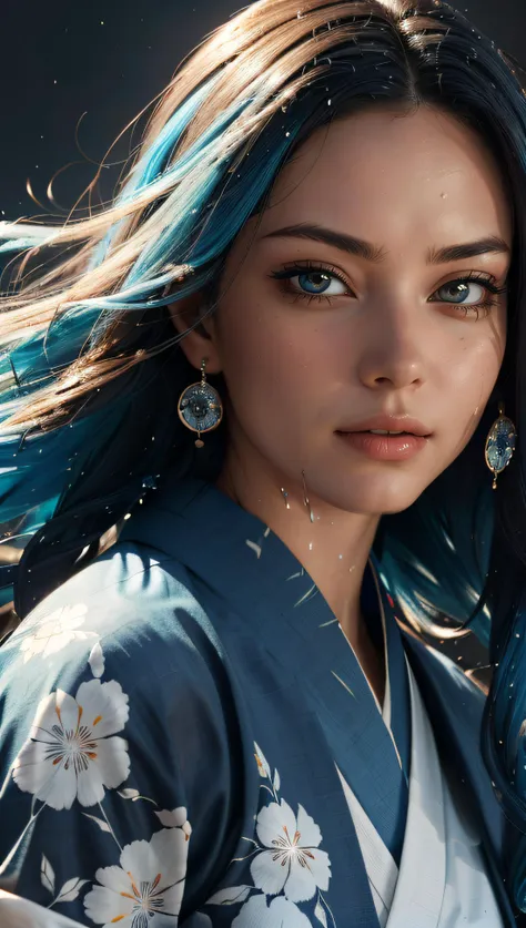 (best quality, masterpiece, colorful, dynamic angle, highest detailed)full body photo, ull body photo epic realistic, (close up), 1girl, floating blue_hair, long hair, (water:0.7), waterdrop, wet, holding_katana, blue_kimono with intricate pattern, ultra detailed, (textured_clothing), black_background,  (intricate details, hyperdetailed:1.15), detailed, light passing through hair, (official art, extreme detailed, highest detailed),