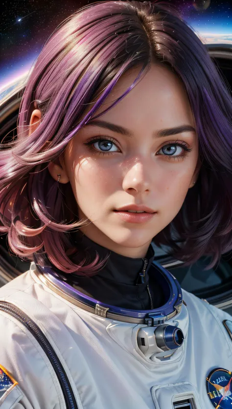 (best quality, masterpiece, perfect face, beautiful and aesthetic:1.2, colorful, dynamic angle, highest detailed face) fashion photography of cute astronaut girl with long iridiscent purple hair, in space (intricate details, hyperdetailed:1.15), detailed, sunlight passing through hair, (beautiful galaxy background), (high contrast, official space art, extreme detailed, highest detailed), HDR+