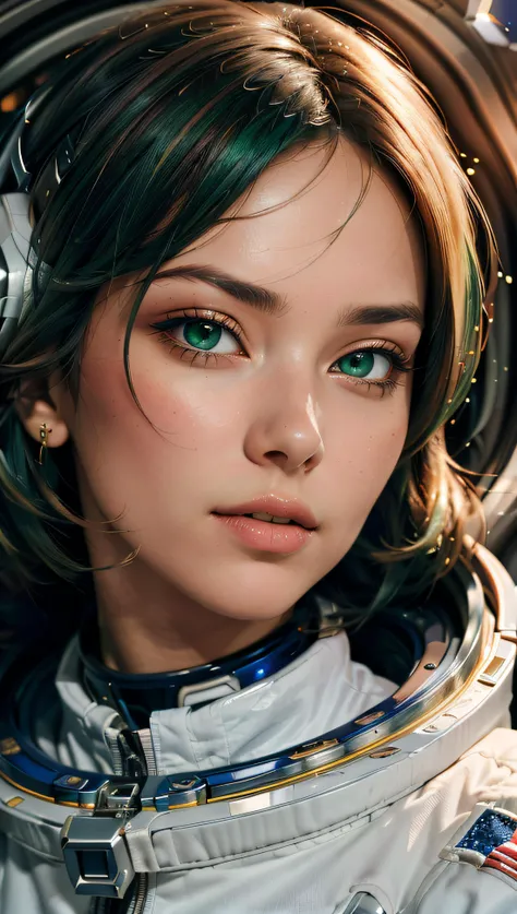 (best quality, masterpiece, perfect face, beautiful and aesthetic:1.2, colorful, dynamic angle, highest detailed face) full body photo, fashion photography of cute astronaut girl with long iridiscent green hair, in space with galaxy behind, 35mm, bokeh, 9:16, (intricate details, hyperdetailed:1.15), detailed, sunlight passing through hair (high contrast, official art, extreme detailed, highest detailed),
