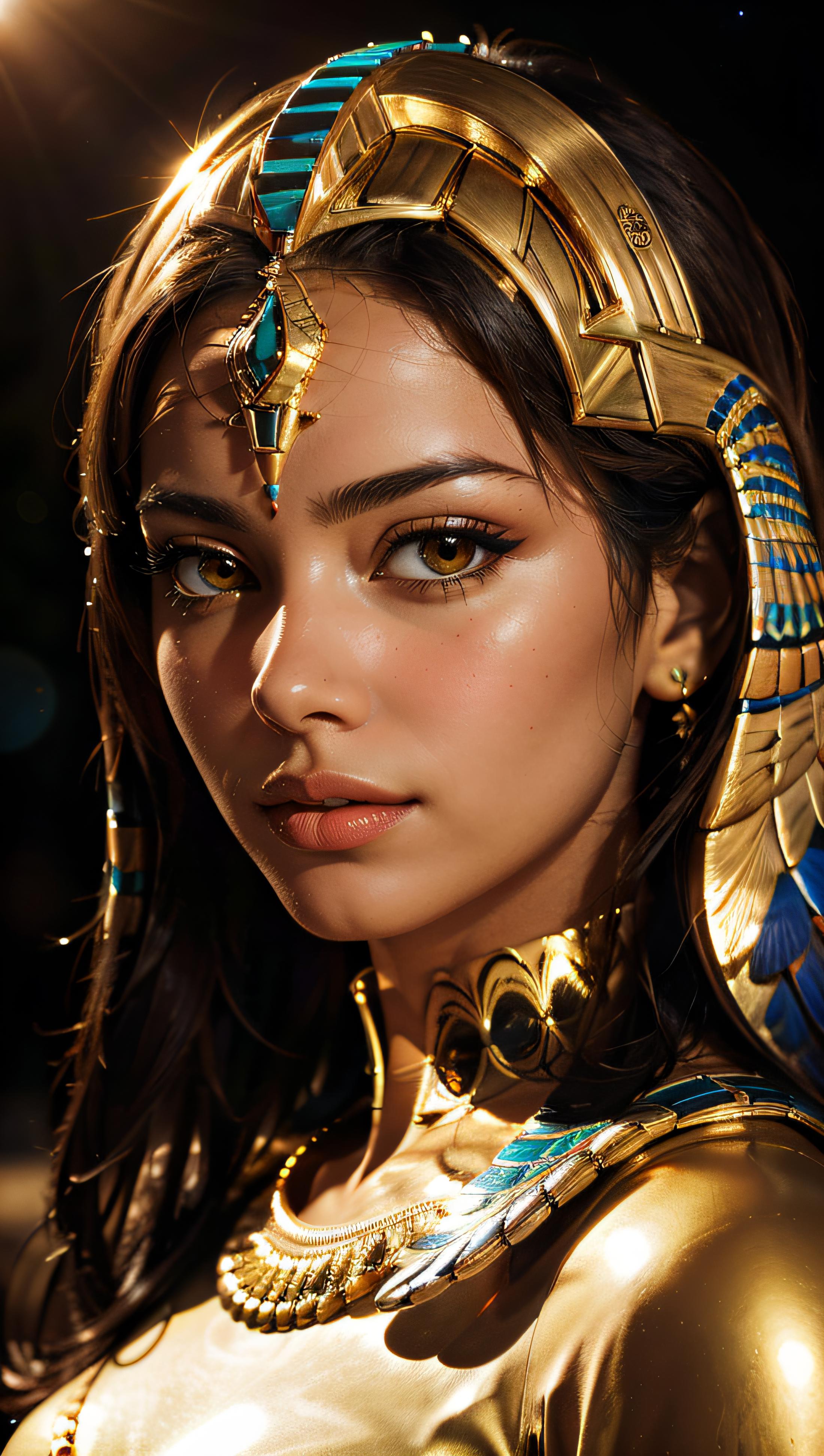 A woman in a gold costume with a blue headpiece - SeaArt AI
