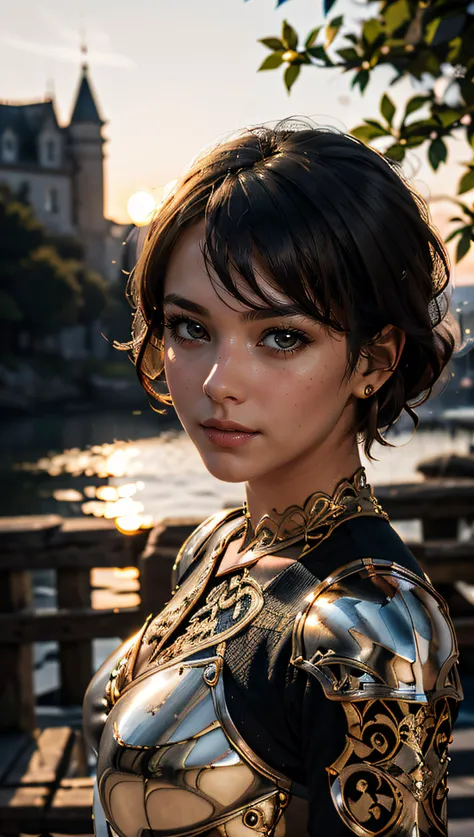 (masterpiece), (extremely intricate:1.3), (realistic), portrait of a muscular bodybuilder girl, ((medieval armor)), metal reflections, upper body, outdoors, intense sunlight, far away castle, professional photograph of a stunning woman detailed, (short undercut dark shaved hair, dynamic pose), sharp focus, dramatic, award winning, cinematic lighting, volumetrics dtx, (film grain, blurry background, blurry foreground, bokeh, depth of field, sunset, interaction, golden chrome Perfectchainmail), 8K