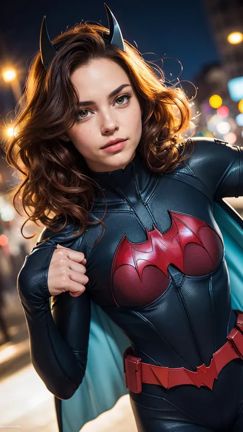 (best quality, masterpiece, colorful, dynamic angle, highest detailed), (photorealistic:1.2), raw photo,(Batwoman), upper body photo, fashion photography of cute girl (Batwoman), dressing high detailed Batwoman suit (high resolution textures), short hair, red hair, in dynamic pose, bokeh, (intricate details, hyperdetailed:1.15), detailed, moonlight passing through hair, perfect night, (fantasy background), (official art, extreme detailed, highest detailed), (photorealistic:1.2), raw photo,, HDR+
