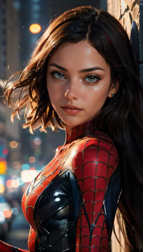 (best quality, masterpiece, colorful, dynamic angle, highest detailed) upper body photo, fashion photography of cute, intense red long hair, \Mary Jane\ in spiderman suit, (ultrahigh resolution textures), in dynamic pose, bokeh, glowing web, (intricate details, hyperdetailed:1.15), detailed, light passing through hair, colorful art flat background, (official art, extreme detailed, highest detailed),