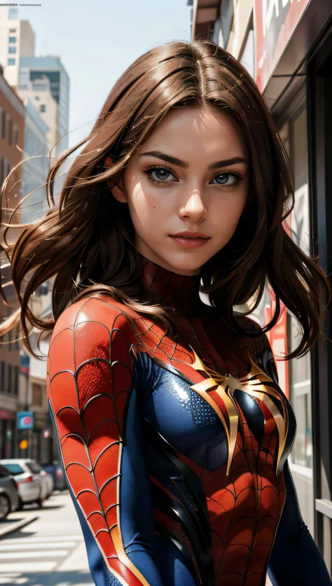 (best quality, masterpiece, colorful, dynamic angle, highest detailed) upper body photo, fashion photography of cute, intense long red hair, \Mary Jane\ in spiderman suit, (ultrahigh resolution textures), in dynamic pose, bokeh, glowing web, (intricate details, hyperdetailed:1.15), detailed, light passing through hair, colorful poster art flat background, (official art, extreme detailed, highest detailed), HDR