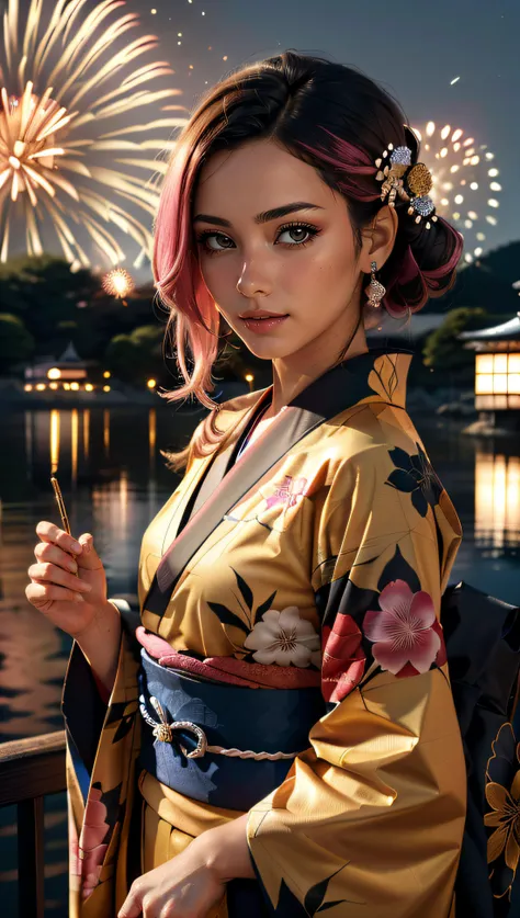 (best quality, masterpiece, colorful, dynamic angle, highest detailed)upper body photo, fashion photography of a cute marocco girl with iridiscent pink hair, flirting with POV, in traditional japanese gold&black kimono, ultra detailed kimono textures, high contrast, night, kyoto, fireworks, (intricate details, hyperdetailed:1.15), detailed, moonlight passing through hair, (official art, extreme detailed, highest detailed),