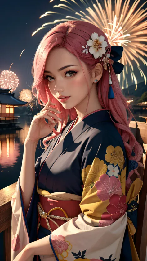 (best quality, masterpiece, colorful, dynamic angle, highest detailed)upper body photo, fashion photography of a cute marocco girl with iridiscent pink hair, flirting with POV, in traditional japanese gold&black kimono, ultra detailed kimono textures, high contrast, night, kyoto, fireworks, (intricate details, hyperdetailed:1.15), detailed, moonlight passing through hair, (official art, extreme detailed, highest detailed),