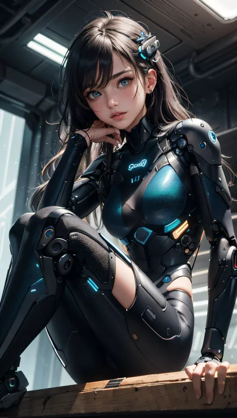 (best quality, masterpiece, colorful, dynamic angle, highest detailed)upper body photo, full body photo, fashion photography of cute 1girl, mechanical arms, cyborg, dark mood, dystopia, glowing, looking at viewer, sitting, long hair, bokeh (intricate details, hyperdetailed:1.15), detailed, light passing through hair, (official art, extreme detailed, highest detailed),