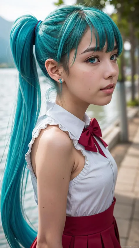 (best quality, masterpiece, colorful, highest detailed), (photorealistic:1.2), raw photo, upper body photo, fashion photography of cute (Hatsune Miku), very long turquoise pigtails and a school uniform-like outfit. She has teal eyes and very long pigtails held with black and red square-shaped ribbons that have become a signature of her design, (ultra-detailed body), (light smile:0.3), moonlight passing through hair, (silver lake background:1.3), (intricate details), (dynamic angle), exposure blend, bokeh, dim light, (hdr:1.4), high contrast, (muted colors, dim colors, soothing tones:1.3), low saturation, morbid