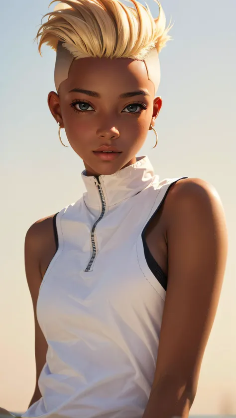 a 18 yo woman, blonde, (hi-top fade:1.3), dark theme, soothing tones, muted colors, high contrast, (natural skin texture, hyperrealism, soft light, sharp)
