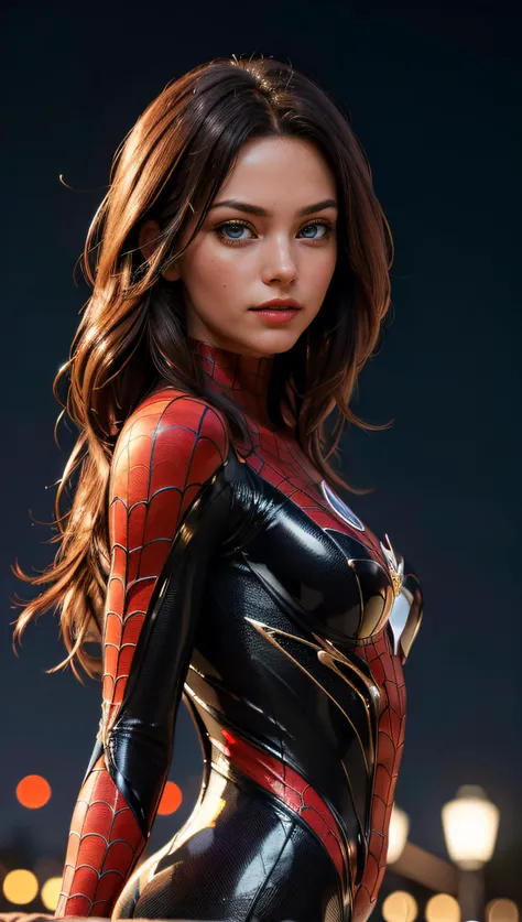 (best quality, masterpiece, colorful, dynamic angle, highest detailed) upper body photo, fashion photography of cute, intense long red hair, \Mary Jane\ in spiderman suit, (ultrahigh resolution textures), in dynamic pose, bokeh, glowing web, (intricate details, hyperdetailed:1.15), detailed, moonlight passing through hair, perfect night, colorful fantasy art background, (official art, extreme detailed, highest detailed), HDR+