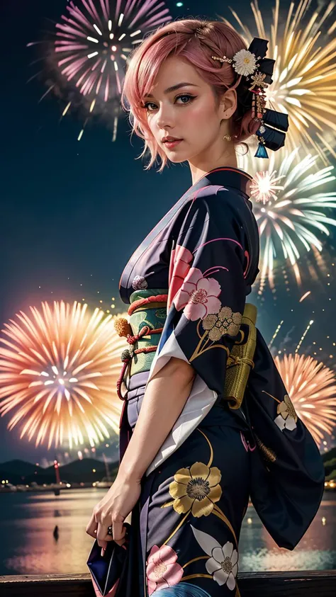 (best quality, masterpiece, colorful, dynamic angle, highest detailed) cowboy shot, fashion photography of a cute European girl with iridiscent pink hair, flirting with POV, in traditional japanese gold&black kimono, ultra detailed kimono textures, Kyoto, fireworks, light passing through hair, (official art)