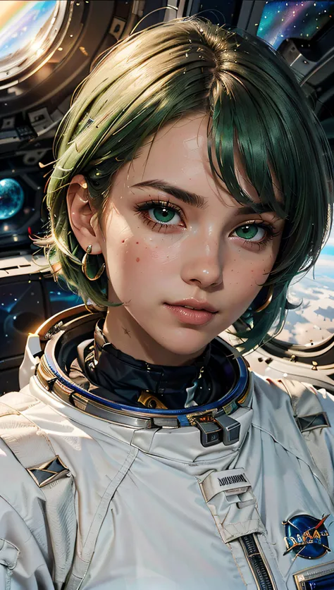 (best quality, masterpiece, perfect face, beautiful and aesthetic:1.2, colorful, dynamic angle, highest detailed face) full body photo, fashion photography of cute astronaut girl with long iridiscent green hair, in space with galaxy behind, 35mm, bokeh, 9:16, (intricate details, hyperdetailed:1.15), detailed, sunlight passing through hair (high contrast, official art, extreme detailed, highest detailed),
