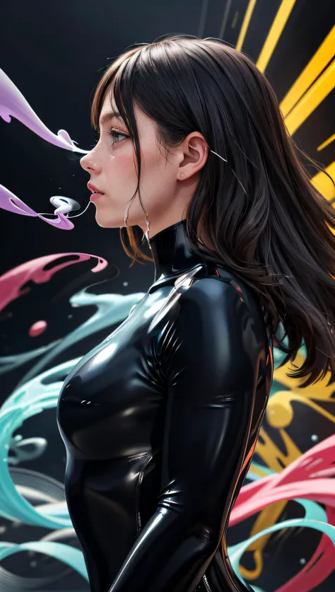 (best quality, masterpiece) 1girl, upper body, psychedelic, latex bodysuit, from side, wavy hair, splashing, abstract, smoke,
