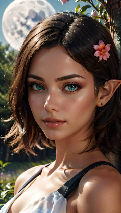 (best quality, masterpiece, colorful, dynamic angle, highest detailed)upper body photo, full body photo, fashion photography of cute unity 8k wallpaper, ultra detailed, beautiful and aesthetic, (photorealistic:1.4), (1girl), green eyes, blonde, hair ornament, short hair, blush, dynamic pose, dynamic angle, lipstick, slim, slim body, very wild shot, outdoor, detailed background, realistic, solo, perfect detailed face, naughty face, detailed eyes, highly detailed, ((fantasy forest)), ((small flowers around)), ((dark night)), ((darkness)), elf ears, full naked, short hairs, ideal bobtail, full naked, magic flowers, ((small moon)),  (intricate details, hyperdetailed:1.15), detailed, moonlight passing through hair, (official art, extreme detailed, highest detailed),