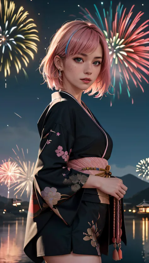 (best quality, masterpiece, colorful, dynamic angle, highest detailed) Realistic photo, fashion photography of a cute European girl with iridiscent pink hair, flirting with POV, in traditional japanese gold&black kimono, ultra detailed kimono textures, perfect night, kyoto, fireworks, (intricate details, hyperdetailed:1.15), detailed, moonlight passing through hair, (official art, extreme detailed, highest detailed), HDR+
