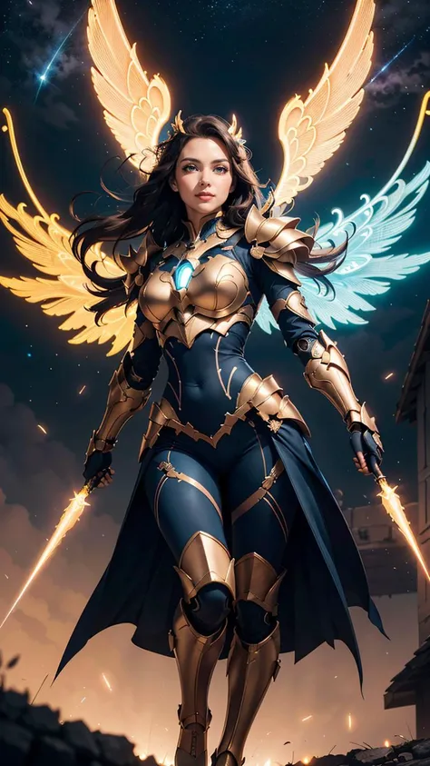 (best quality, masterpiece, colorful, dynamic angle, highest detailed) full body photo, fashion photography of cute mechangel, glowing 4 wings, solo, glowing armor, glowing halo, building, glowing mechanical 4 wings light passing through hair, (official art)