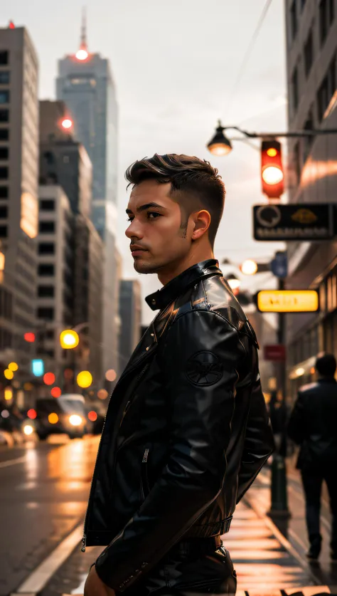 (best quality, masterpiece) 1man, photography, man wear blackjacket leather in a city, paintings, details, dim light, dawn, bokeh background,