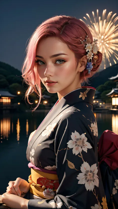 (best quality, masterpiece, colorful, dynamic angle, highest detailed) Realistic photo, fashion photography of a cute European girl with iridiscent pink hair, flirting with POV, in traditional japanese gold&black kimono, ultra detailed kimono textures, perfect night, kyoto, fireworks, (intricate details, hyperdetailed:1.15), detailed, moonlight passing through hair, (official art, extreme detailed, highest detailed), HDR+