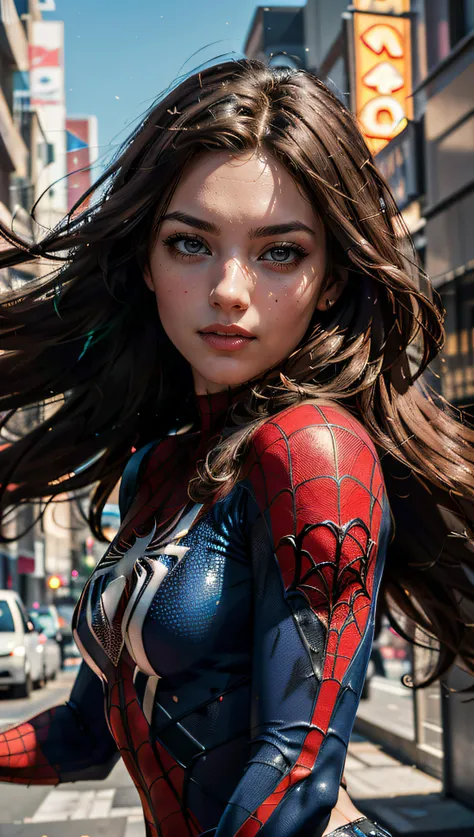 (best quality, masterpiece, colorful, dynamic angle, highest detailed) upper body photo, fashion photography of cute, intense red long hair, \Mary Jane\ in spiderman suit, (ultrahigh resolution textures), in dynamic pose, bokeh, glowing web, (intricate details, hyperdetailed:1.15), detailed, light passing through hair, colorful art flat background, (official art, extreme detailed, highest detailed),