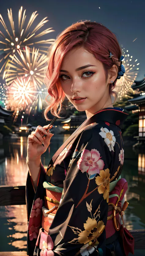 (best quality, masterpiece, colorful, dynamic angle, highest detailed) Realistic photo, fashion photography of a cute french girl with iridiscent pink hair, flirting with POV, in traditional japanese gold&black kimono, ultra detailed kimono textures, night, kyoto, fireworks, (intricate details, hyperdetailed:1.15), detailed, moonlight passing through hair, (official art, extreme detailed, highest detailed),