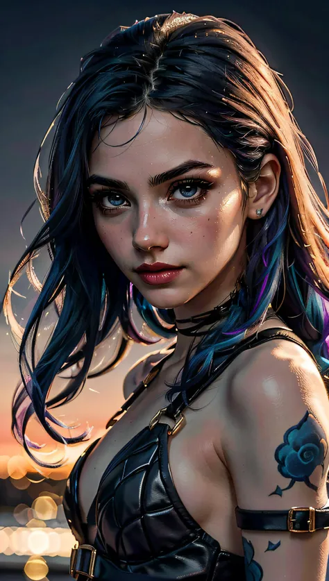 (best quality, masterpiece, colorful, dynamic angle, highest detailed)(Jinx, Legue of Legends, Arcane) upper body professional photo, award winning fashion photography of sexy, intense blue long hair, Jinx <lora:JinxLol:1>, Legue of Legends, Arcane, flirting, bokeh, (intricate details, hyperdetailed:1.15), detailed, moonlight passing through hair, perfect night (fantasy background, extreme detailed, highest detailed, natural skin texture, hyperrealism, soft light, sharp, perfect face), HDR+