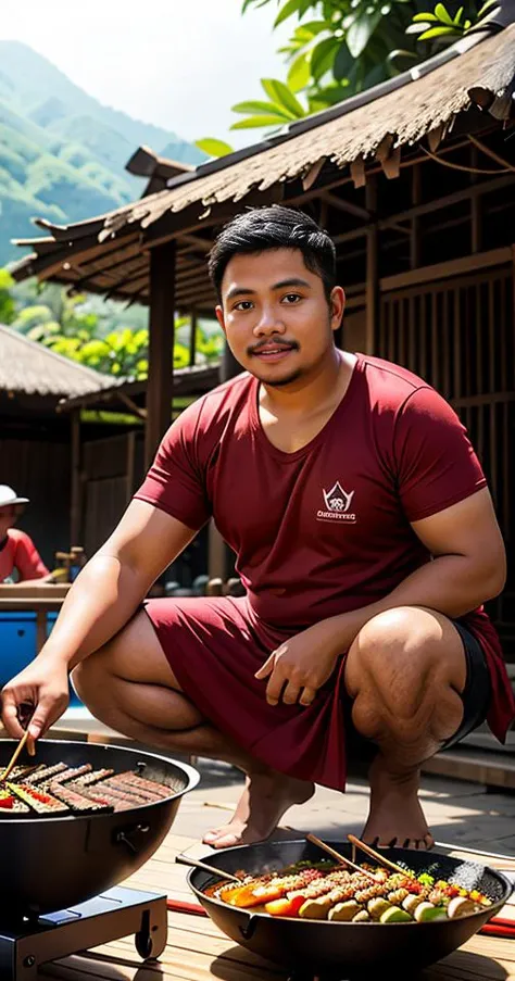 a chubby:0.5 man, wearing tshirt and sarong, squat while fanning the charcoal grill with sate:1, background indonesian village , sate ayam:1, smoke, bamboo fan, charcoal, satay on a plate, outdoor, Indonesian villages