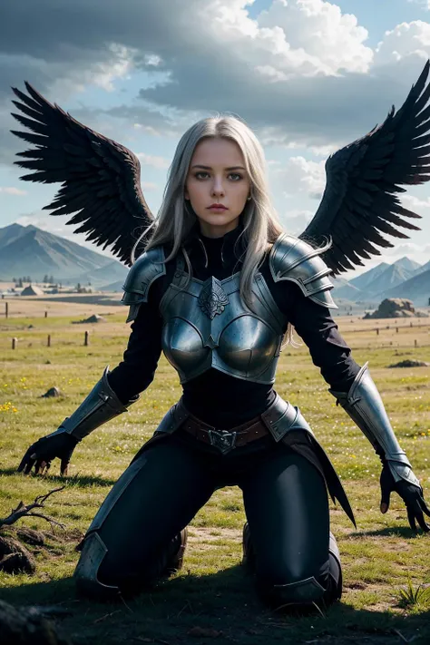 Alla Bruletova,score_9,score_8_up,score_7_up,succubus,rapunzel,sitting on branch,world tree,mountains,white hair,long hair,black armor,plate armor,slim,small waist,bright red eyes,god of death,small breasts,night,black sky,dark clouds,black sky,rating_safe,details,complex scene,extremely detailed,fallen angel,black wings,feathered wings,disney,world of warcraft,kneeling,expressive,