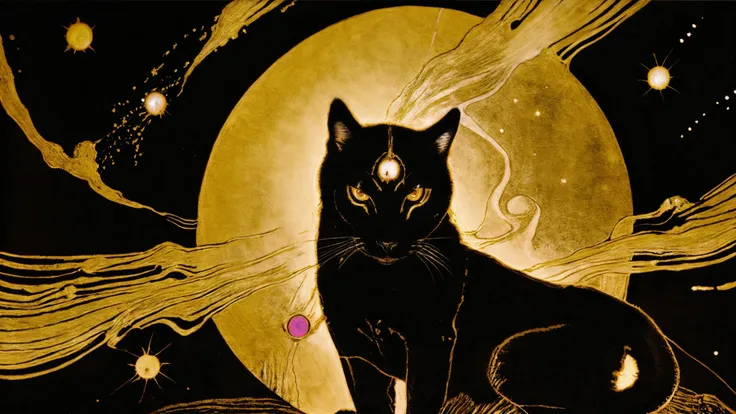 majestic black cat, (golden glowing eyes:1.3), starry sky background <lora:YOSHITAKA AMANO Style:0.8> amano