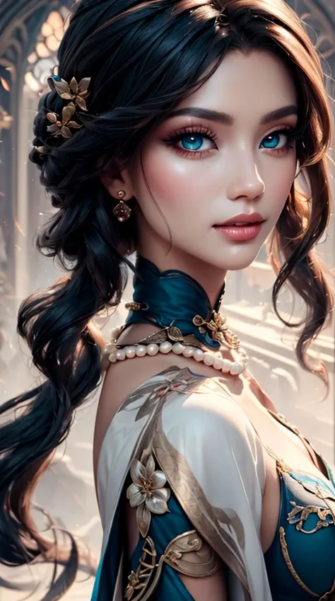 (8k:1.5), (masterpiece), (intricate_details), (ultra_detailed), (incredibly absurdres), (official wallpaper), (cinematic), (perfect_background), (picture_perfect:1.5), (detailed_eyes), (rich), (looking at viewer), (close-up), 1girl, <lora:ruanmei:1>, (ruanmeidef), (green eyes), brown hair, long hair, (hair between eyes), hair ornament, jewelry, necklace, earrings, dress, chinese clothes,