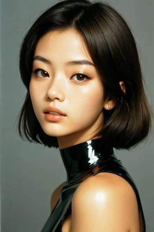 (upper-body portrait photography, 35mm film, film photo, grainy, noisy),
1girl, Chinese, young, beautiful, 1980s, brunette, short hair, tight body,
(latex)
(realistic textures, detailed photo)