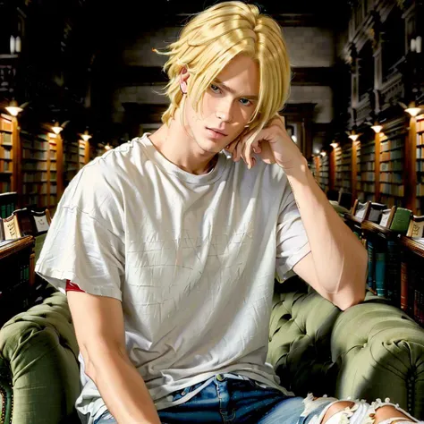 (best quality, high quality, masterpiece:1.3),, <lora:Ash:1>, Ash, in a large library, wearing a white t-shirt, ripped jeans and red high tops,. blond hair, green eyes <lora:muscle_slider_v1:-1> <lora:picxReal_10:1>