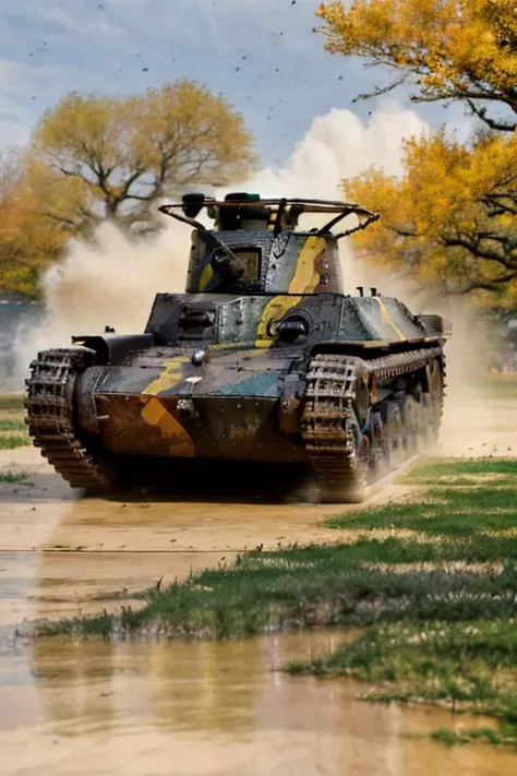 best quality,masterpiece,watercolour splash art,WW2 japan type-97 tank,camouflage paint,abstract background,<lora:97shikikyuV1:0.8>,type97middletankoldturret,chihatan_emblem,