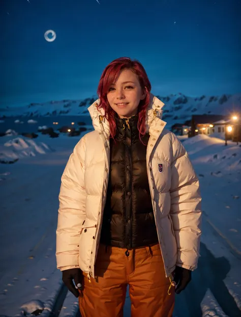 award winning photography, RAW photo
1girl, large breasts, huge breasts, brown eyes, lips, mascara, nose, puffer jacket, puffy down jacket,  crop top, snow pants, puffer pants, very short hair,  pink hair, asymmetrical hair, tomboy,  realistic, solo, upper body, smile, closed mouth,
tundra, snow, nature, ((((night)))), night sky, scenery, antarctica, iceberg, frost, ice, snowstorm, blizzard
beautiful landscape, depth of field, bokeh,  <lora:backlight_slider_v10:-1> <lora:epiCRealismHelper:1> <lora:epiC35mm:1> epiC35mm  <lora:Fjallraven_Expedition:1>