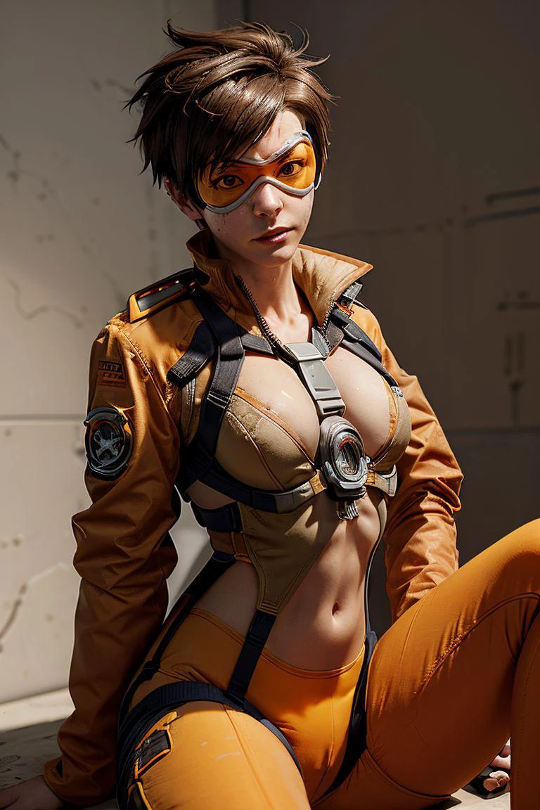 tracer_overwatch, goggles, jacket, orange goggles, bodysuit, bomber jacket, harness, chest harness, orange bodysuit, sitting <lora:add_detail:0.7> <lora:skin_texture_v2:0.7> <lora:tracer_overwatch:0.7>, (cowboy shoot:1.2) cleavage, navel, nipple, abs, smirking,
