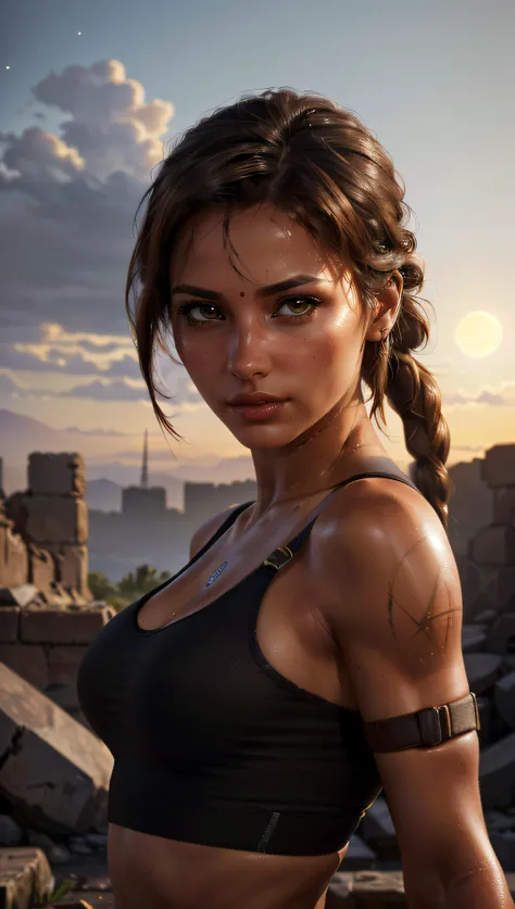 (best quality, masterpiece, colorful, dynamic angle, highest detailed)(\Lara Croft\, \Tomb Raider\) upper body professional photo, award winning fashion photography of sexy, intense brown long hair, ponytail hair ,hazel eyes, \Lara Croft\, \Tomb Raider\, flirting, bokeh, (intricate details, hyperdetailed:1.15), detailed, moonlight passing through hair (official art, atzec ruins in background, extreme detailed, highest detailed, natural skin texture, hyperrealism, soft light, sharp, perfect face),